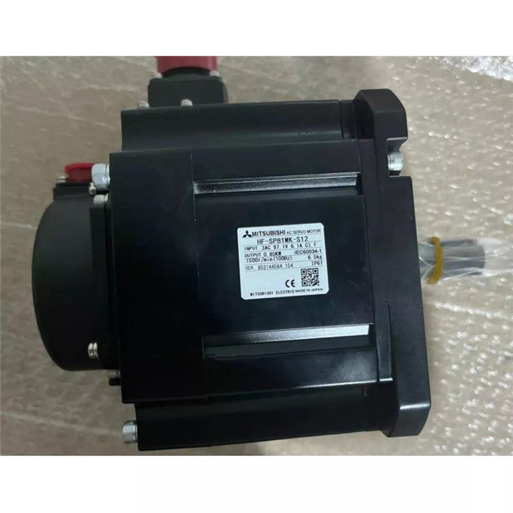 Mitsubishi HF-SP81MK-S12 AC Servo Motor, black, with product label detailing specifications.