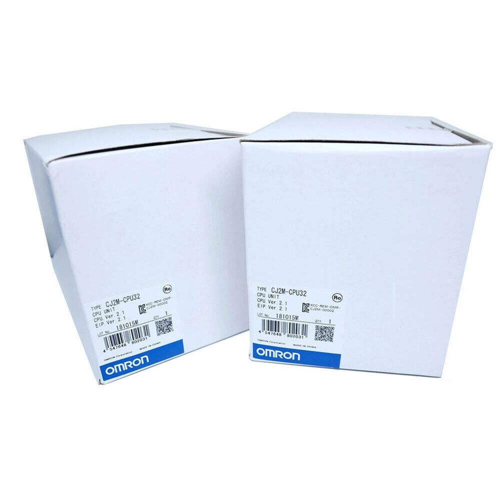 Omron CJ2M-CPU32 PLC CPU Unit boxes. Product information includes CJ2M-CPU32, LOT NO 181015M, and OMRON logo.