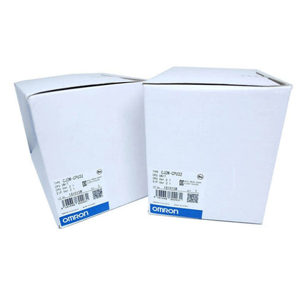 Omron CJ2M-CPU32 PLC CPU Unit boxes. Product information includes CJ2M-CPU32, LOT NO 181015M, and OMRON logo.
