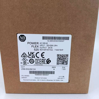 Allen-Bradley PowerFlex 525 AC Drive label, 15HP motor rating, 25B-D024N104 model.
