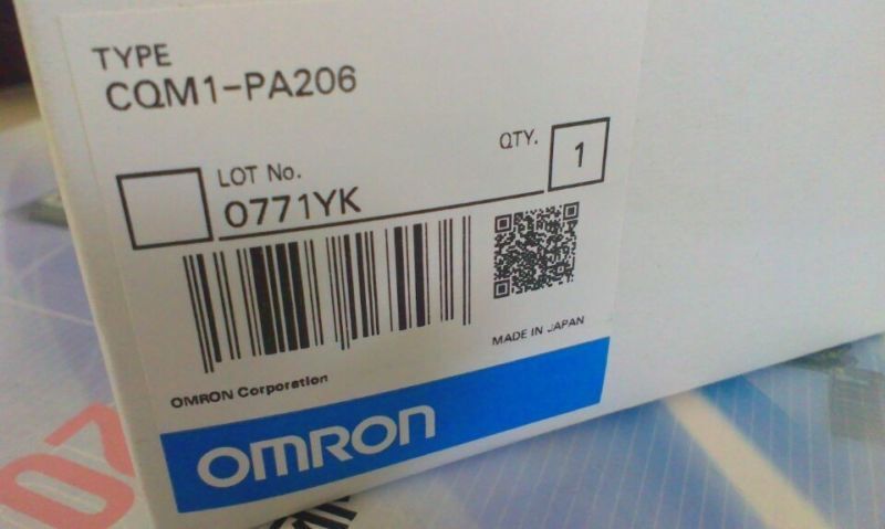 Omron CQM1-PA206 Power Supply PLC Module Box, New, Made in Japan, with barcode and QR code.