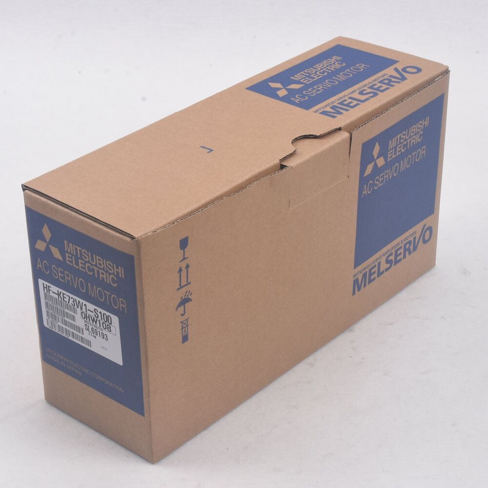 Mitsubishi HF-KE73W1-S100 AC Servo Motor in box. Industrial automation equipment for sale.