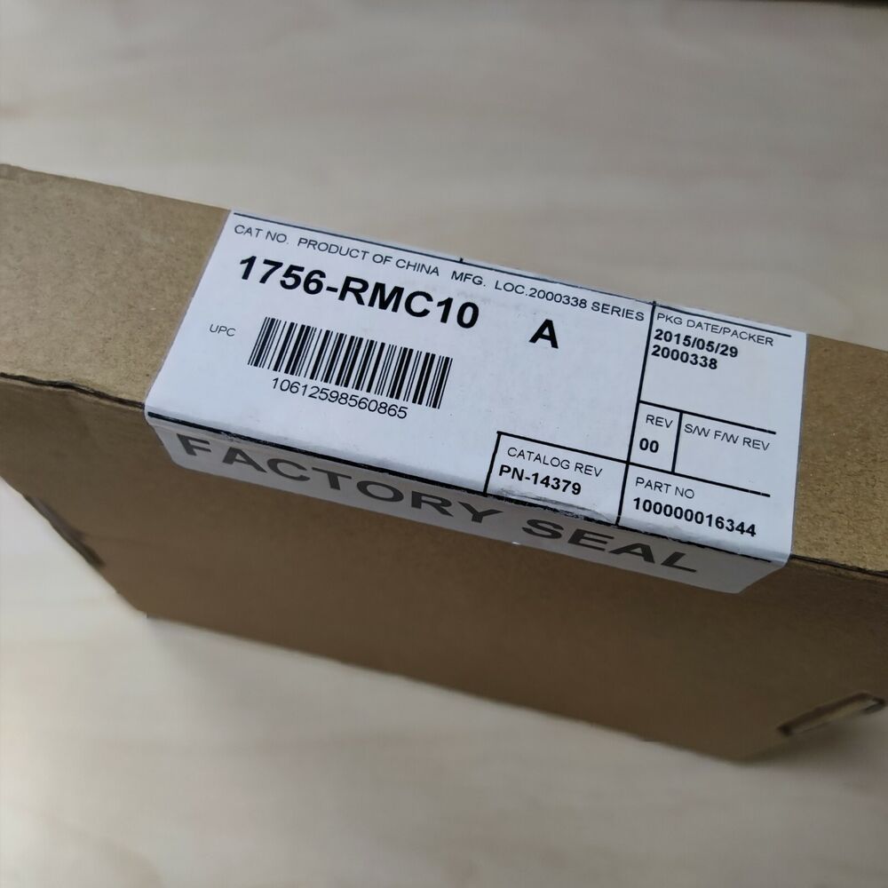 Allen-Bradley 1756-RMC10 PLC module in box with factory seal, product details visible.