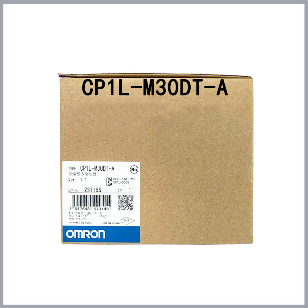 Omron CP1L-M30DT-A programmable controller in box. New in box, featuring product information and branding. PLC module.