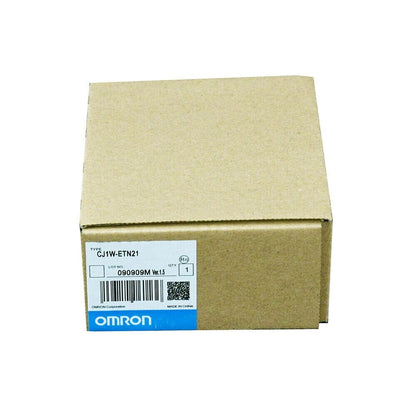 Omron CJ1W-ETN21 Ethernet Unit in box. Programmable controller, top-down view. White background.
