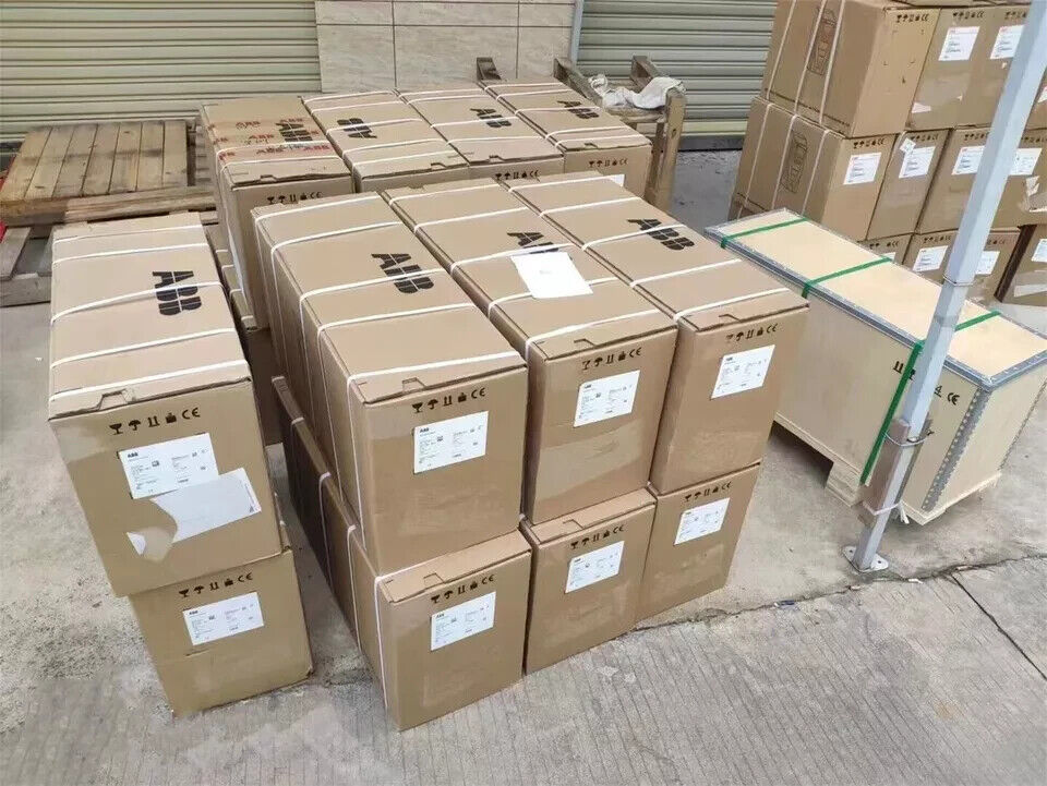ABB ACS580-01-293A-4 frequency converter boxes ready for shipping, UPS delivery.