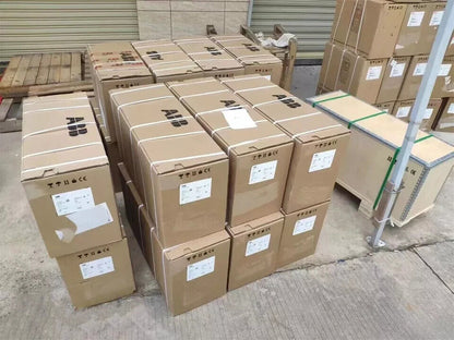 ABB ACS580-01-293A-4 frequency converter boxes ready for shipping, UPS delivery.