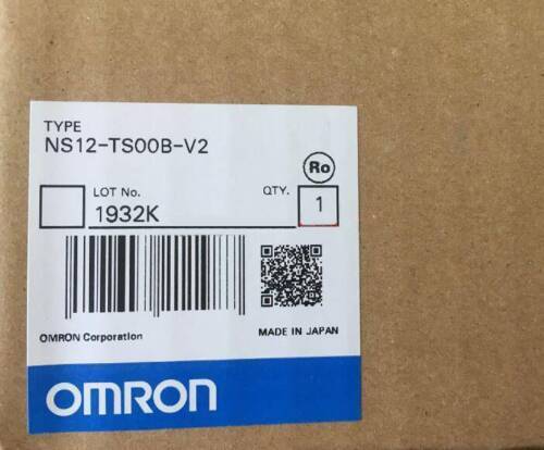 Omron NS12-TS00B-V2 touch screen product label, featuring product type, lot number, and 'Made in Japan' information.