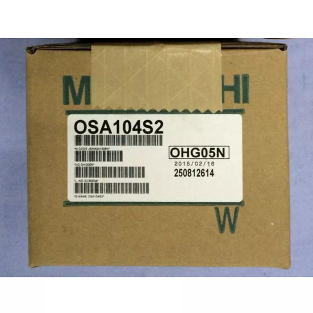 Mitsubishi OSA104S2 motor driver in box, with product label showing part number OHG05N and date 2015/02/16