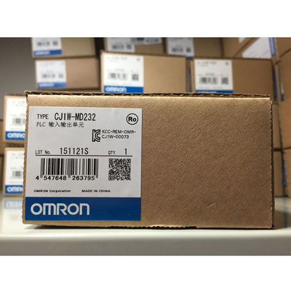 New Omron CJ1W-MD232 PLC Module box. Features product details and model information.