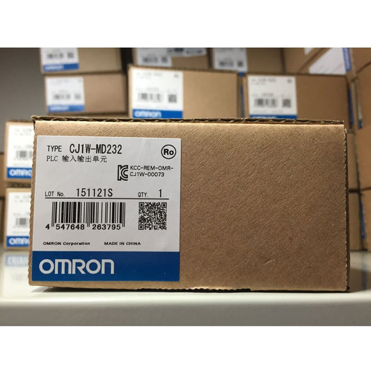 New Omron CJ1W-MD232 PLC Module box. Features product details and model information.