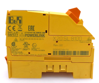 B&R X20 SL 8100 Central Unit Safe LOGIC I/O Module, yellow industrial automation part, Rev. G0, Powerlink
