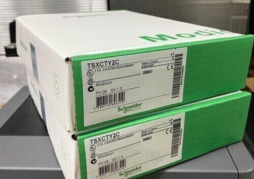 Schneider Electric TSXCTY2C 2-Channel Counter Measurement Module, packaged product with label detail.