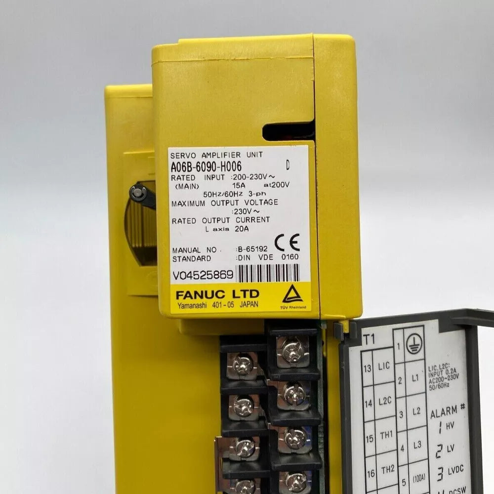 FANUC A06B-6090-H006 Servo Drive. Yellow industrial automation part with 200-230V, 20A, and CE certification.