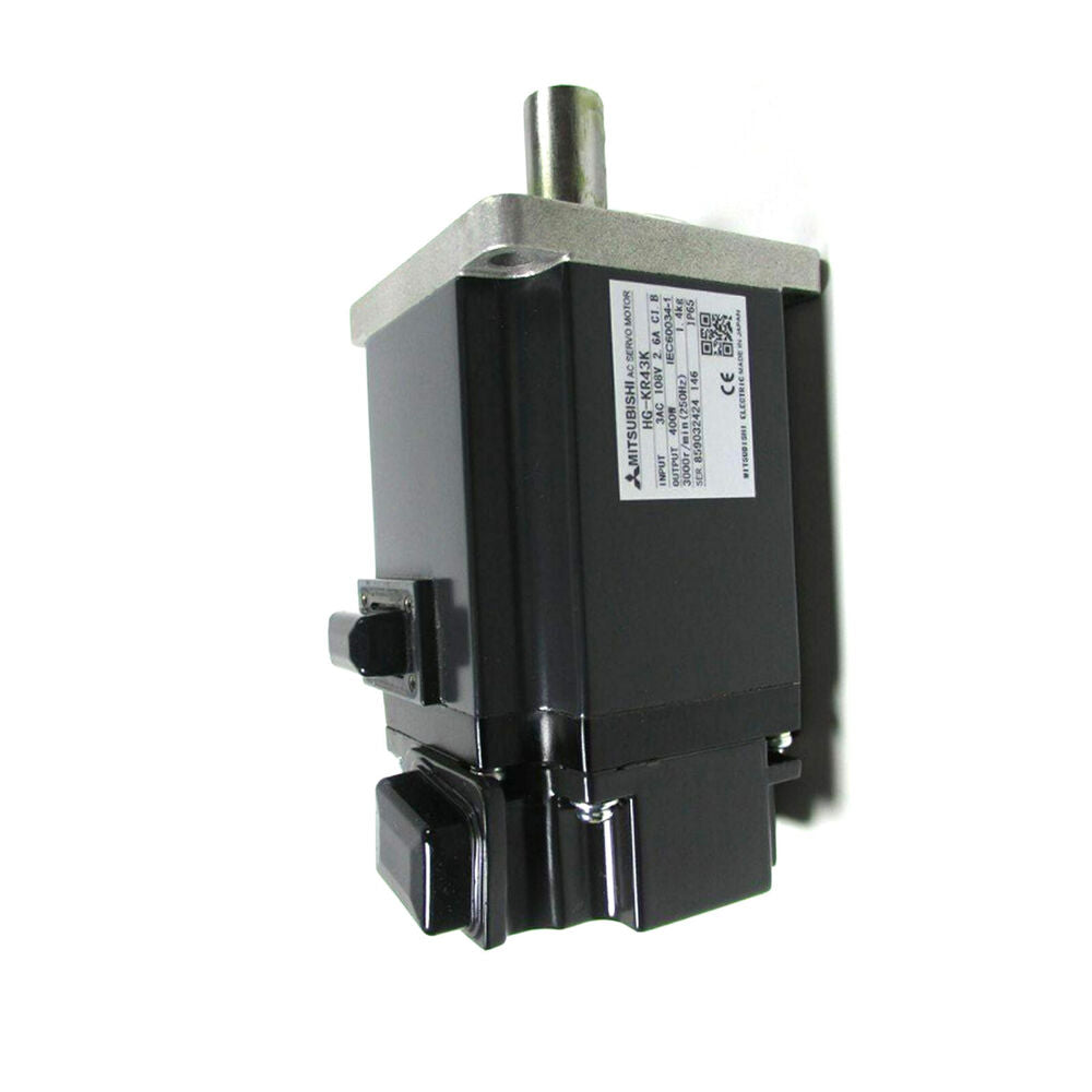 Mitsubishi HG-KR43K AC Servo Motor, black motor with label showing technical specifications, industrial automation part.