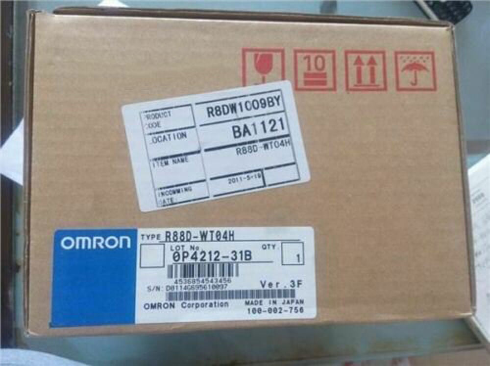 OMRON R88D-WT04H AC Servo Motor box with labels, Made in Japan. Details and barcode visible for industrial automation parts.