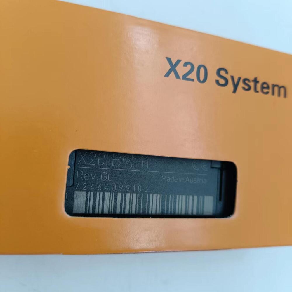 B&R X20 BM11 backplane module detail. Part of the X20 System, Made in Austria, Rev. G0. Industrial automation components.