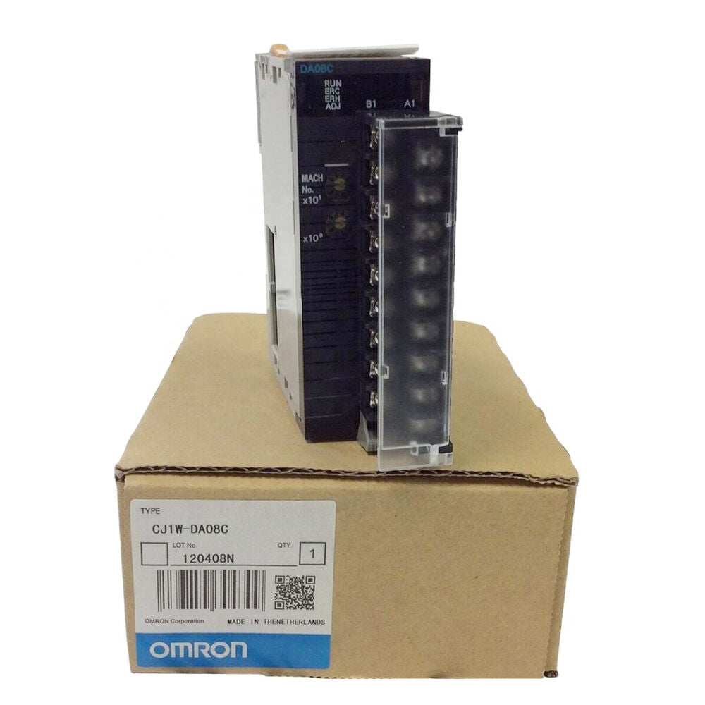 Omron CJ1W-DA08C PLC Module in box, new industrial automation part. Made in Netherlands.