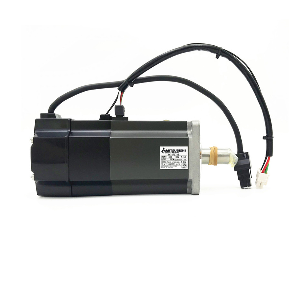 Mitsubishi HC-KFS73B servo motor, industrial automation part with cables and connector on white background.