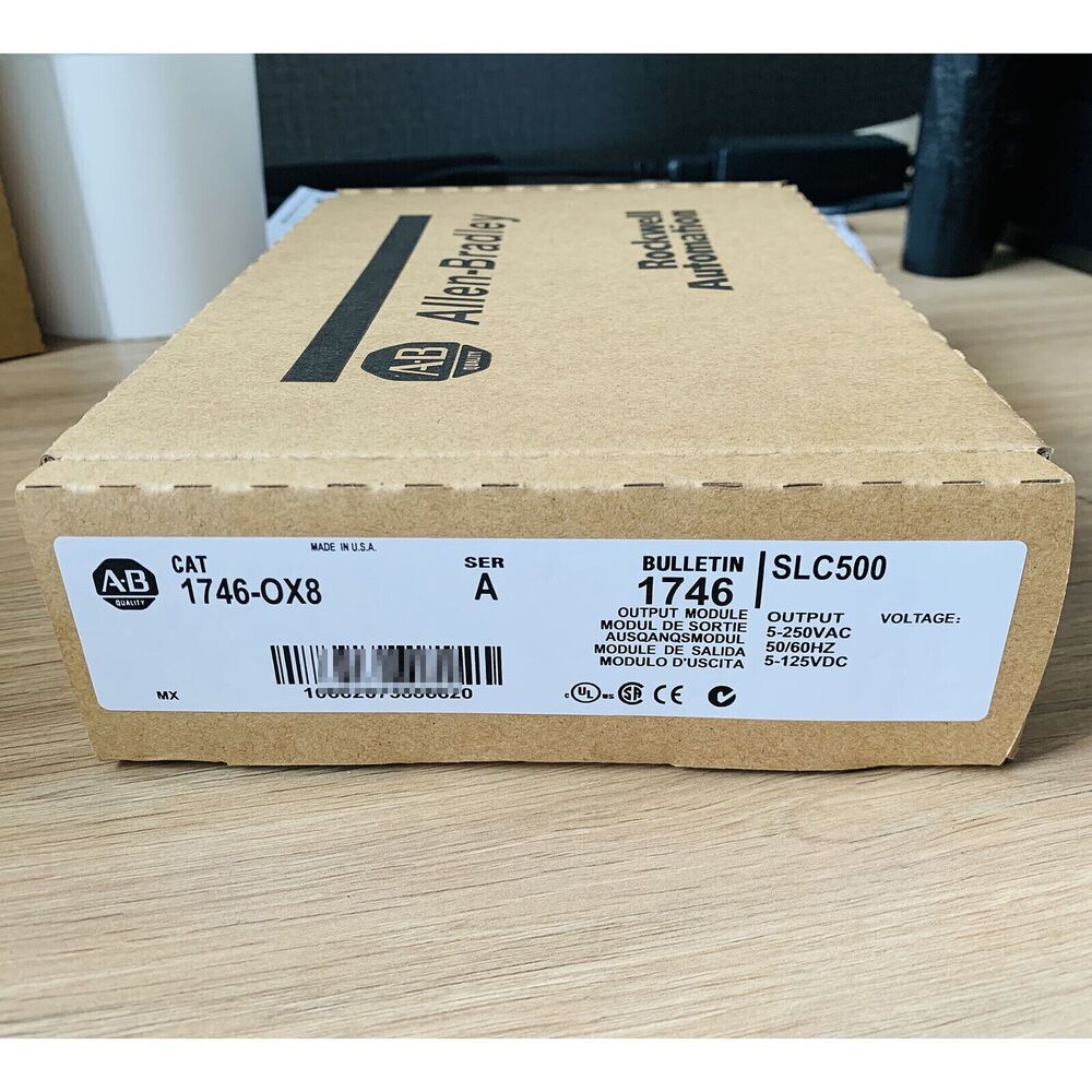 Allen-Bradley 1746-OX8 SLC 500 Output Module Box, Product Packaging with specifications.