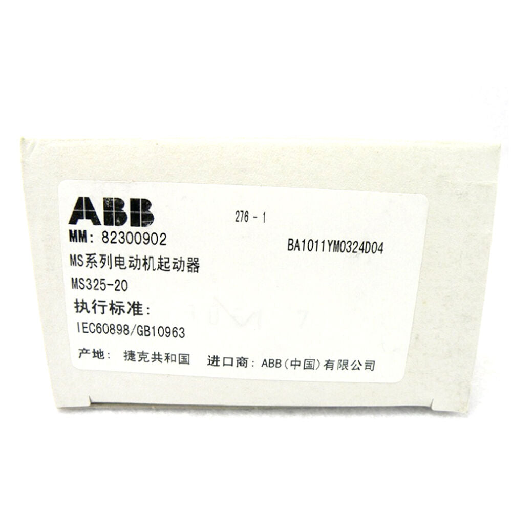 ABB MS325-20 motor starter label showing product information, ABB industrial automation parts.