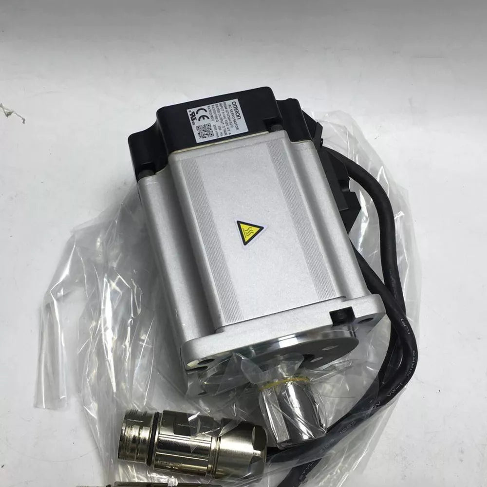 Omron R88M-G75030H-S2-D Servo Motor, industrial automation part, silver color with black cables, new condition.