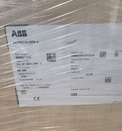 ABB ACS510-01-125A-4 frequency converter label. Features include 380-480V supply, 125A output, and IP21 protection.