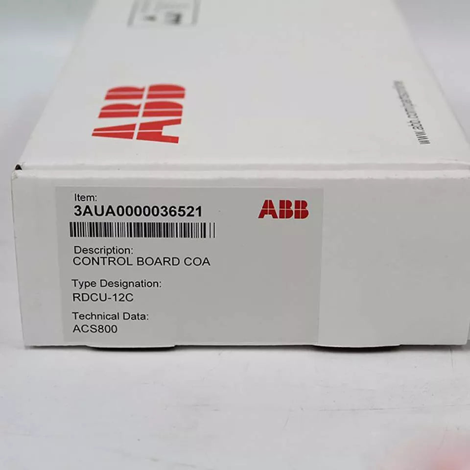 ABB RDCU-12C IO Control Board box, product details: 3AUA0000036521, CONTROL BOARD COA, ACS800. Industrial automation part.