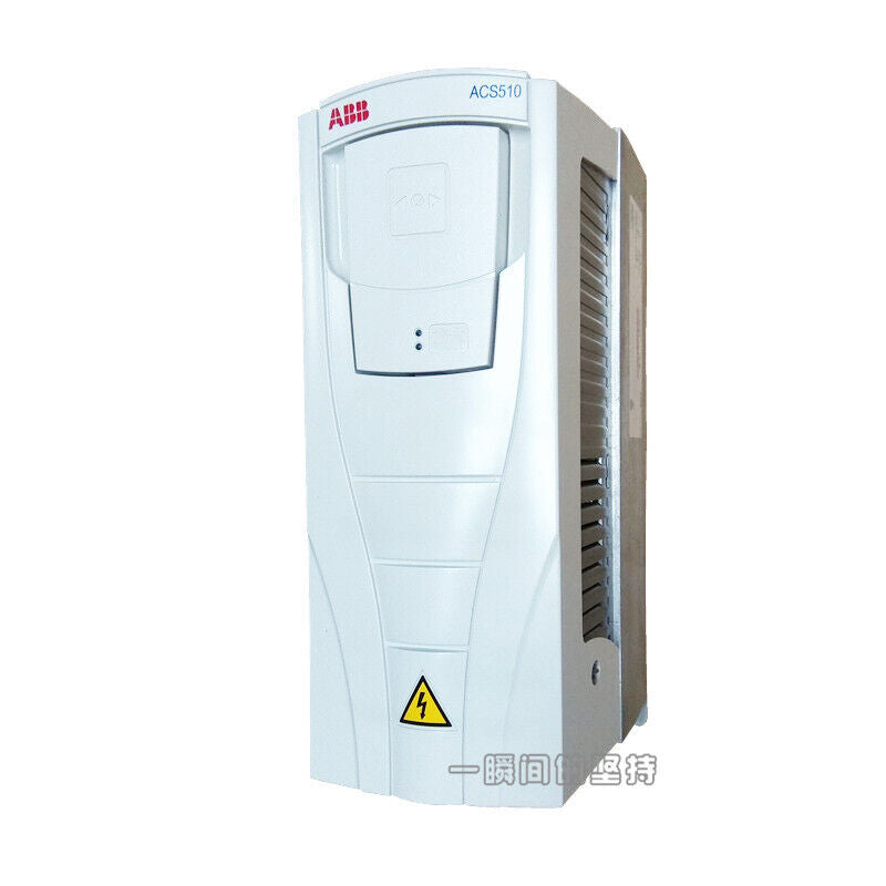 ABB ACS510-01-025A-4 Inverter, white industrial drive unit, ACS510 Series. Warning sign.