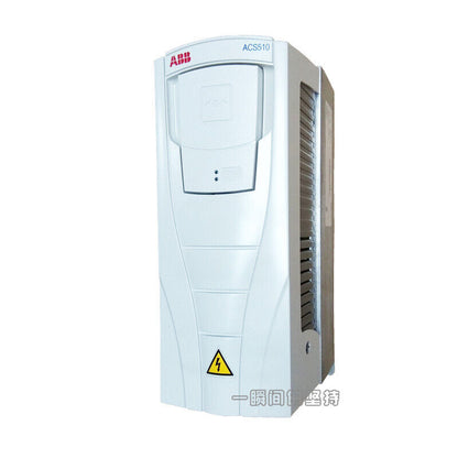 ABB ACS510-01-025A-4 Inverter, white industrial drive unit, ACS510 Series. Warning sign.
