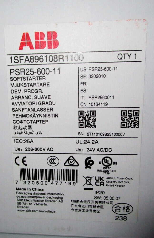 ABB PSR25-600-11 Soft Starter Module label showing specifications and certifications, 240V industrial automation component.