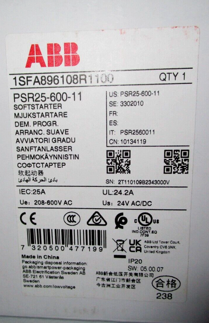 ABB PSR25-600-11 Soft Starter Module label showing specifications and certifications, 240V industrial automation component.