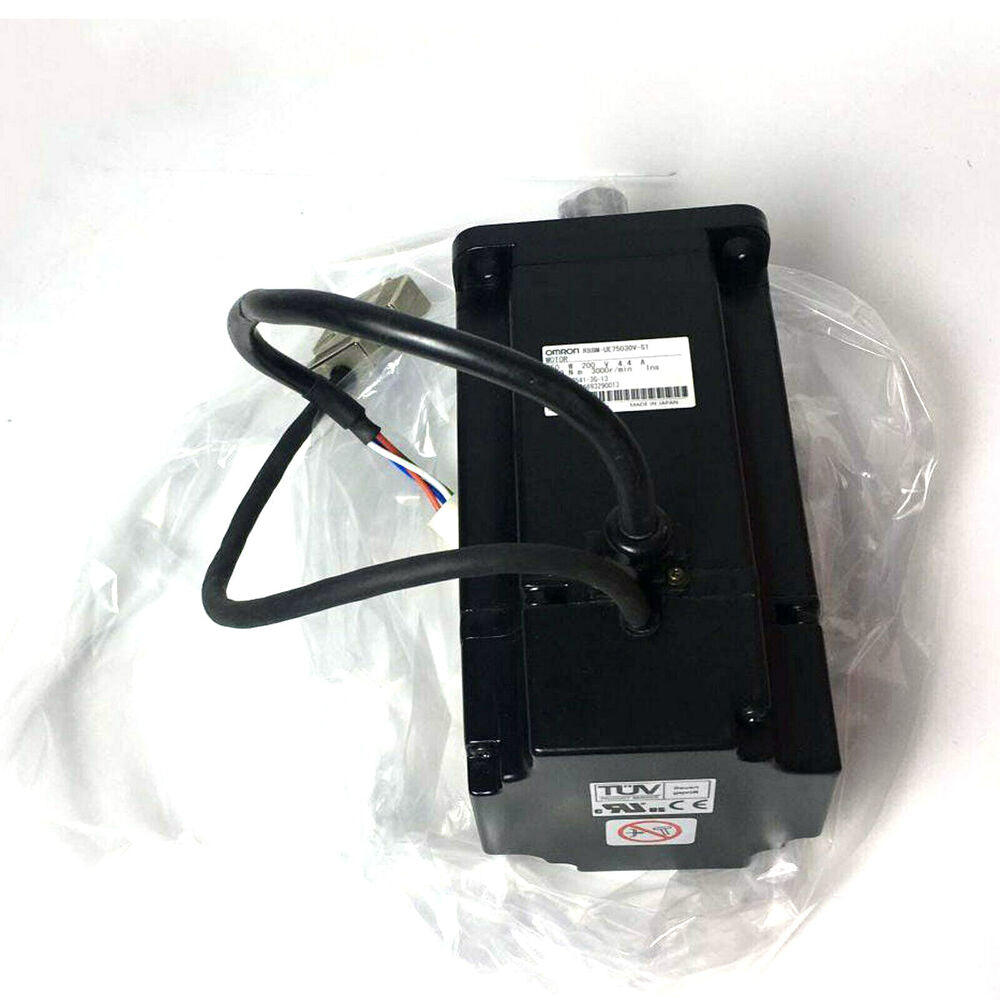 Omron R88M-UE75030V-S1 servo motor, black body with label and wires, in plastic packaging.