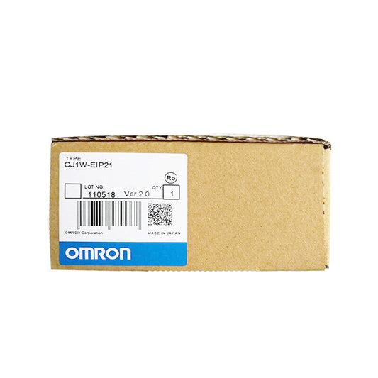 Omron CJ1W-EIP21 Ethernet PLC Module in box. Shows the product type and specifications.