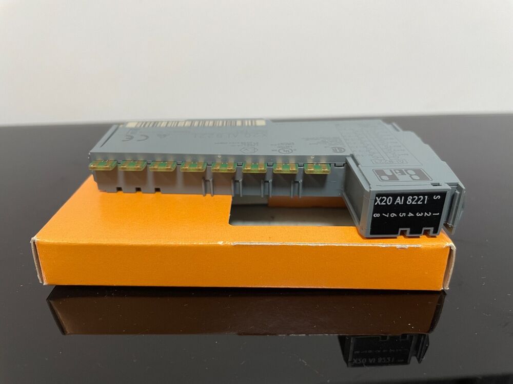 B&R X20 AI 8221 analog input module on an orange box, featuring product detail