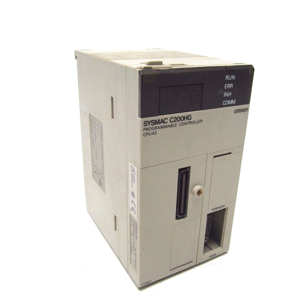 Omron C200HG-CPU43 PLC Module, SYSMAC, RUN, ERR, INH, COMM indicators, industrial automation part, C200HGCPU43E.