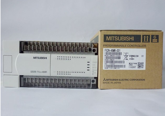Mitsubishi FX2N-48MR-001 Programmable Logic Controller (PLC) in box. Industrial automation equipment.