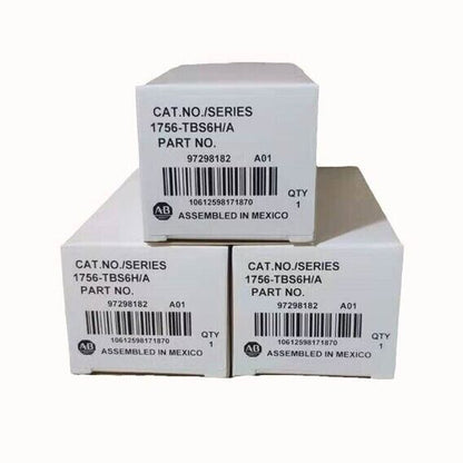 Allen-Bradley 1756-TBS6H/A PLC Module boxes, showing part number, and specifications. Assembled in Mexico.