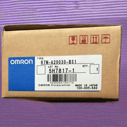 Omron R7M-A20030-BS1 servo motor box, showing product details and specifications.