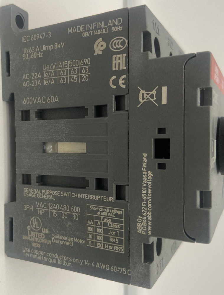 ABB OT63F3 Disconnector Switch, Gray plastic body, 600VAC 60A, Made in Finland, industrial automation part.