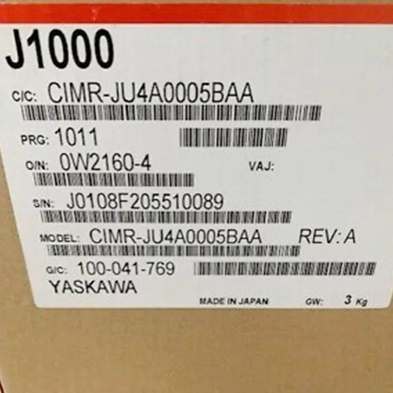 Yaskawa CIMR-JU4A0005BAA Inverter Label Details: Model CIMR-JU4A0005BAA, GIC 100-041-769, and J1000 Series.