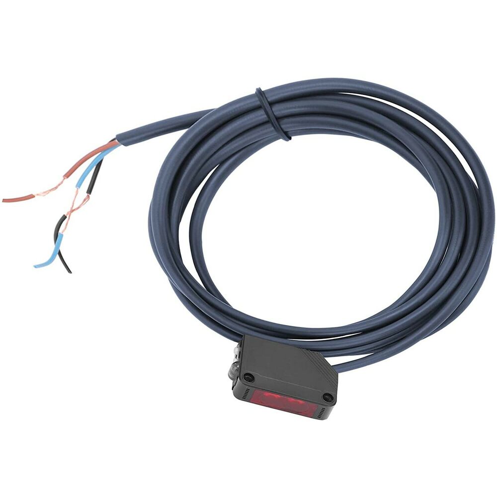Omron E3Z-D62 photoelectric sensor with black housing, dark blue cable, and visible wiring.