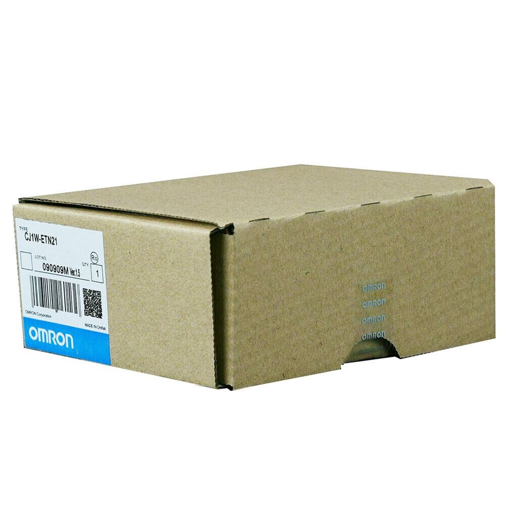 Omron CJ1W-ETN21 Ethernet Unit in cardboard box. Programmable controller product.