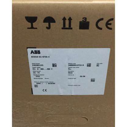 ABB ACS510-01-072A-4 frequency converter product label with specifications, on a cardboard box, IP21 rated.