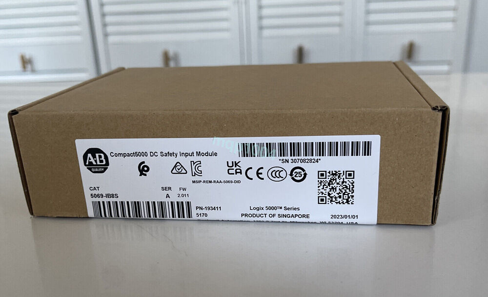 Allen-Bradley 5069-IB8S Compact 5000 DC Safety Input Module, New in Box, from Singapore, featuring product information.