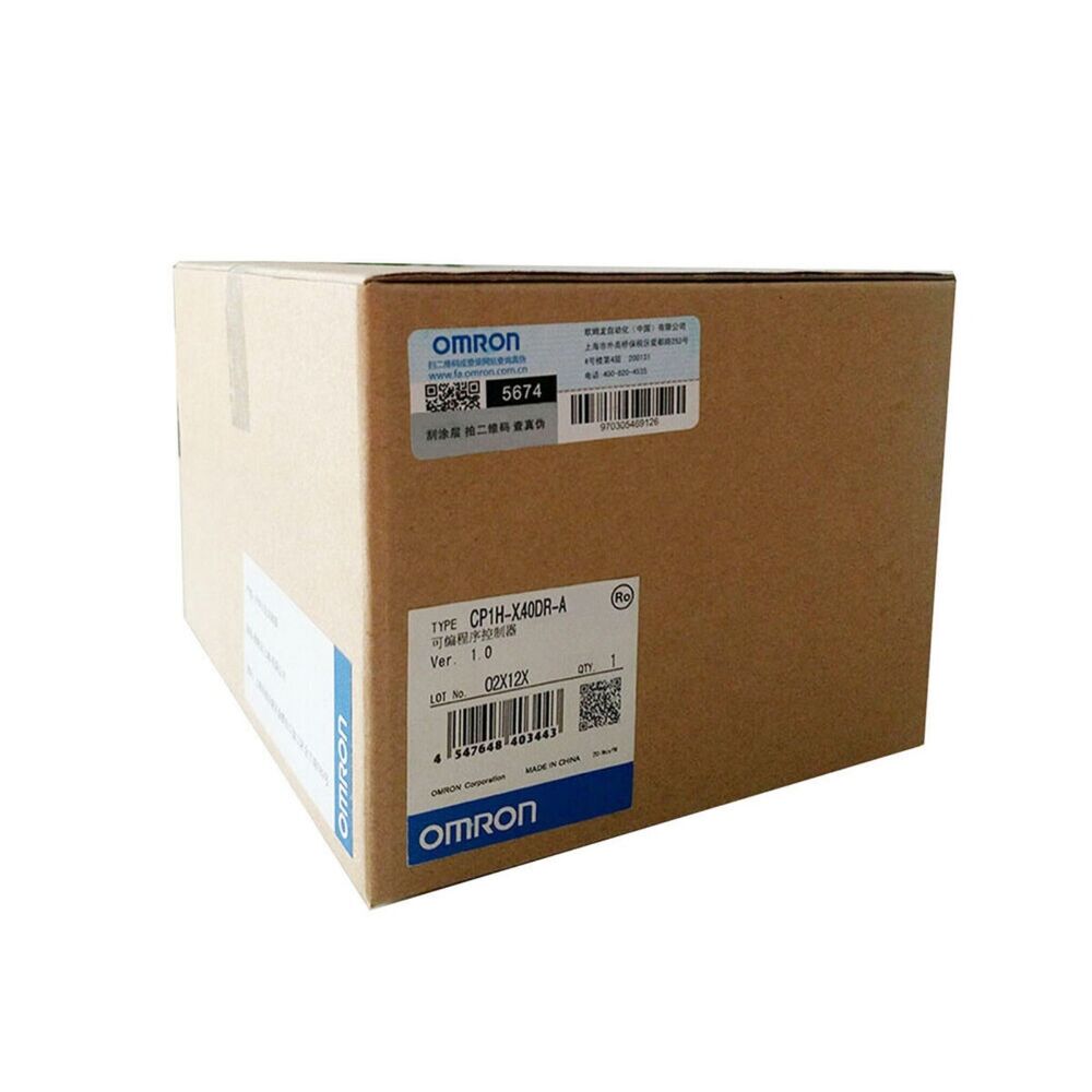 Omron CP1H-X40DR-A PLC Module in box, new industrial automation part, product label visible, MADE IN CHINA