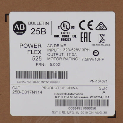Allen-Bradley PowerFlex 525 AC Drive Label - 25B-D017N114, 7.5kW/10HP, 323-528V