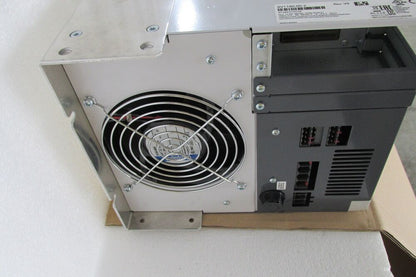 B&R ACOPOS 1180 Servo Drive detail, with fan and connector ports. Showing product label with model number.