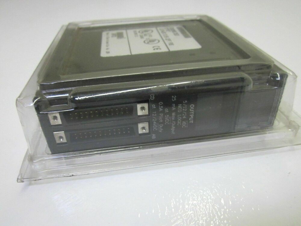 FANUC IC693MDL753 Output Module in package, featuring output specifications like 5/12/24 VDC NEG LOGIC, 25 mA Max/Output.