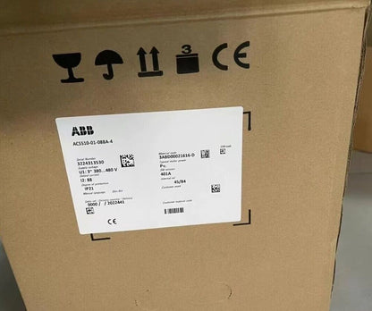 ABB ACS510-01-088A-4 frequency converter packaging label, with serial number and specifications.